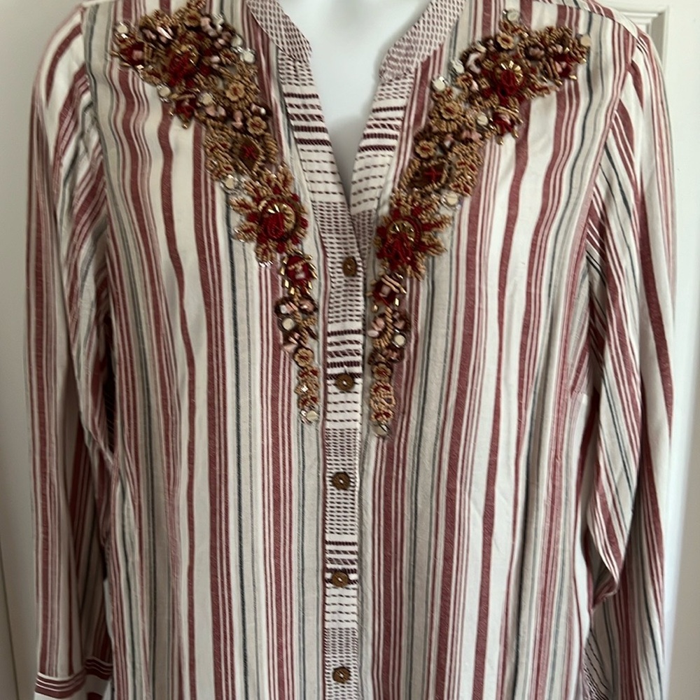 Striped Beaded Button-Up Tunic